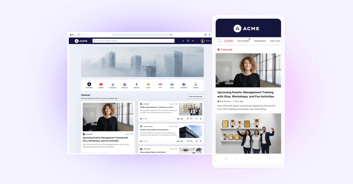 A desktop and mobile interface of a company intranet or internal communication platform named ACME. The desktop view shows a navigation bar with icons for ACME News, Benefits, People Hub, Resources, Volunteer, IT Help, ADP, Teams, SharePoint, and Workday. The main content area features a "Featured" section with posts including an event titled "Upcoming Events: Management Training with Gina, Workshops, and Fun Activities" by Rey Bruner, and announcements about award winners and a Kansas City location. The mobile view highlights the same event post, with tabs for Latest, Featured, Trending, and For You at the top, and a bottom navigation bar with icons for home, notifications, compose, search, and menu.