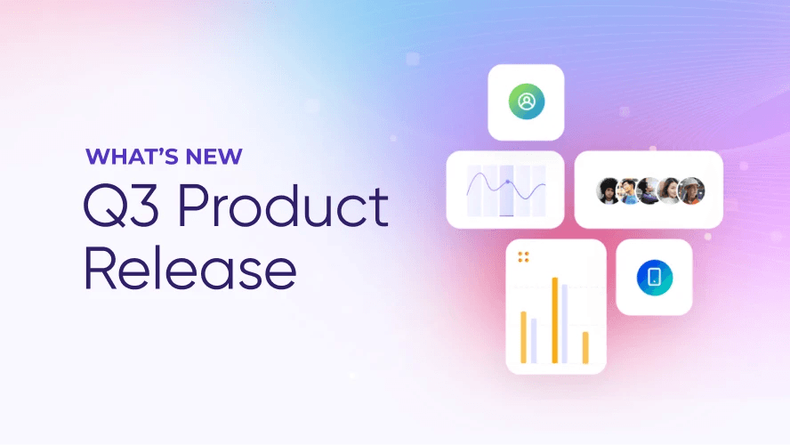 Q3 Product Release announcement with a gradient background transitioning from light pink and white on the left to blue and purple on the right. On the right side, there are five rounded square icons displaying a user profile symbol, a line graph, a row of user profile pictures, a bar chart, and a mobile phone icon. The text "WHAT'S NEW" is in bold purple above the large text "Q3 Product Release.
