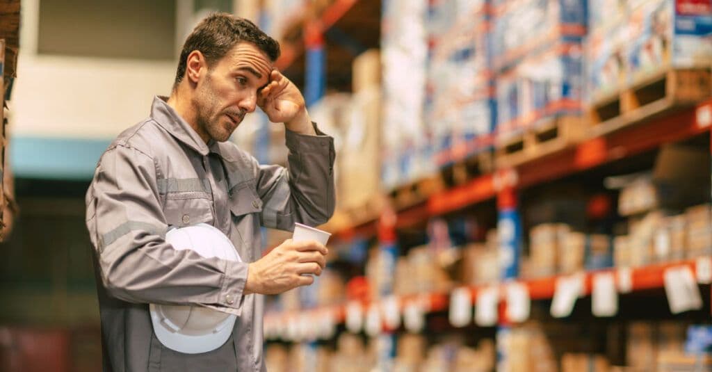 A man in a gray work uniform stands in a warehouse, looking pensive as he wipes his forehead with one hand. He holds a white hard hat in the other hand and a small cup. The background features shelves stocked with various boxes and products, creating a busy warehouse atmosphere.