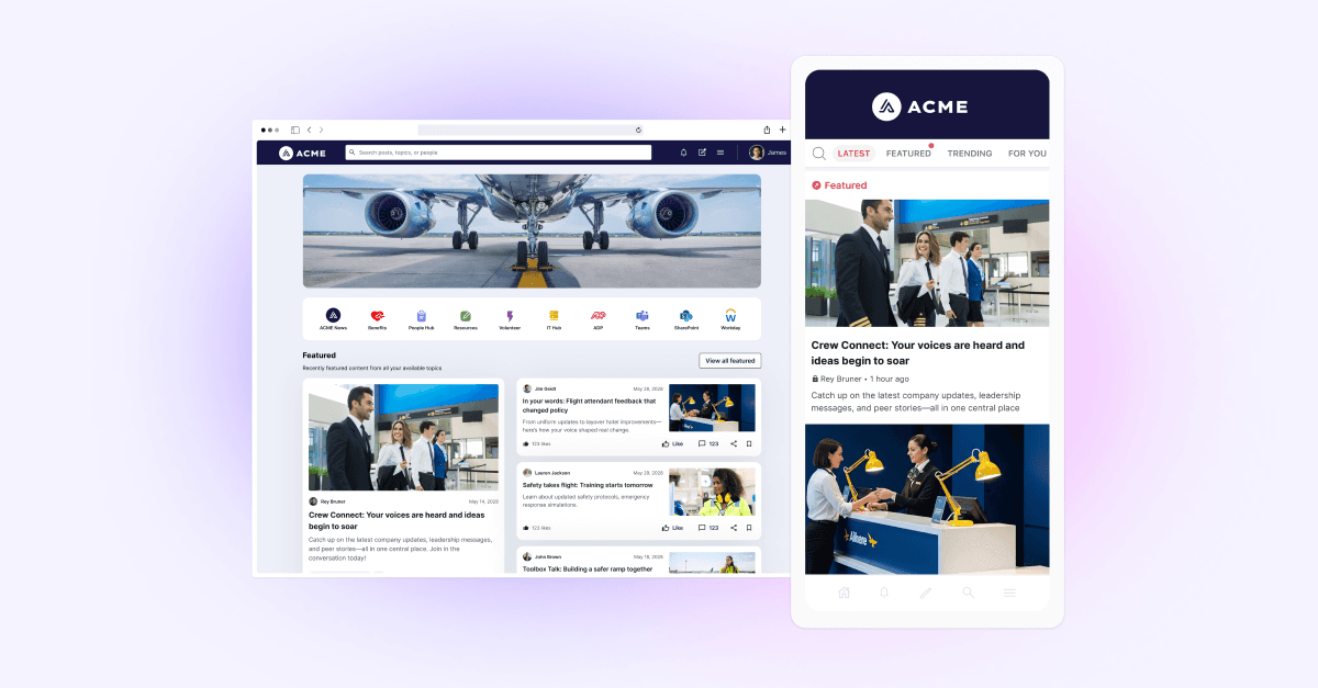 A desktop and mobile interface of a company intranet platform named ACME. The desktop view shows a navigation bar with icons for ACME News, Benefits, People Hub, Resources, Volunteer, IT Help, APP, Teams, SharePoint, and Workday. Below is a featured section with articles, including one titled "Crew Connect: Your voices are heard and ideas begin to soar" with a photo of business professionals in conversation. The mobile view displays a similar article list with tabs for Latest, Featured, Trending, and For You, highlighting the same "Crew Connect" article and an image of two women at a service desk. The design uses a clean, modern layout with a dark header and white content area.