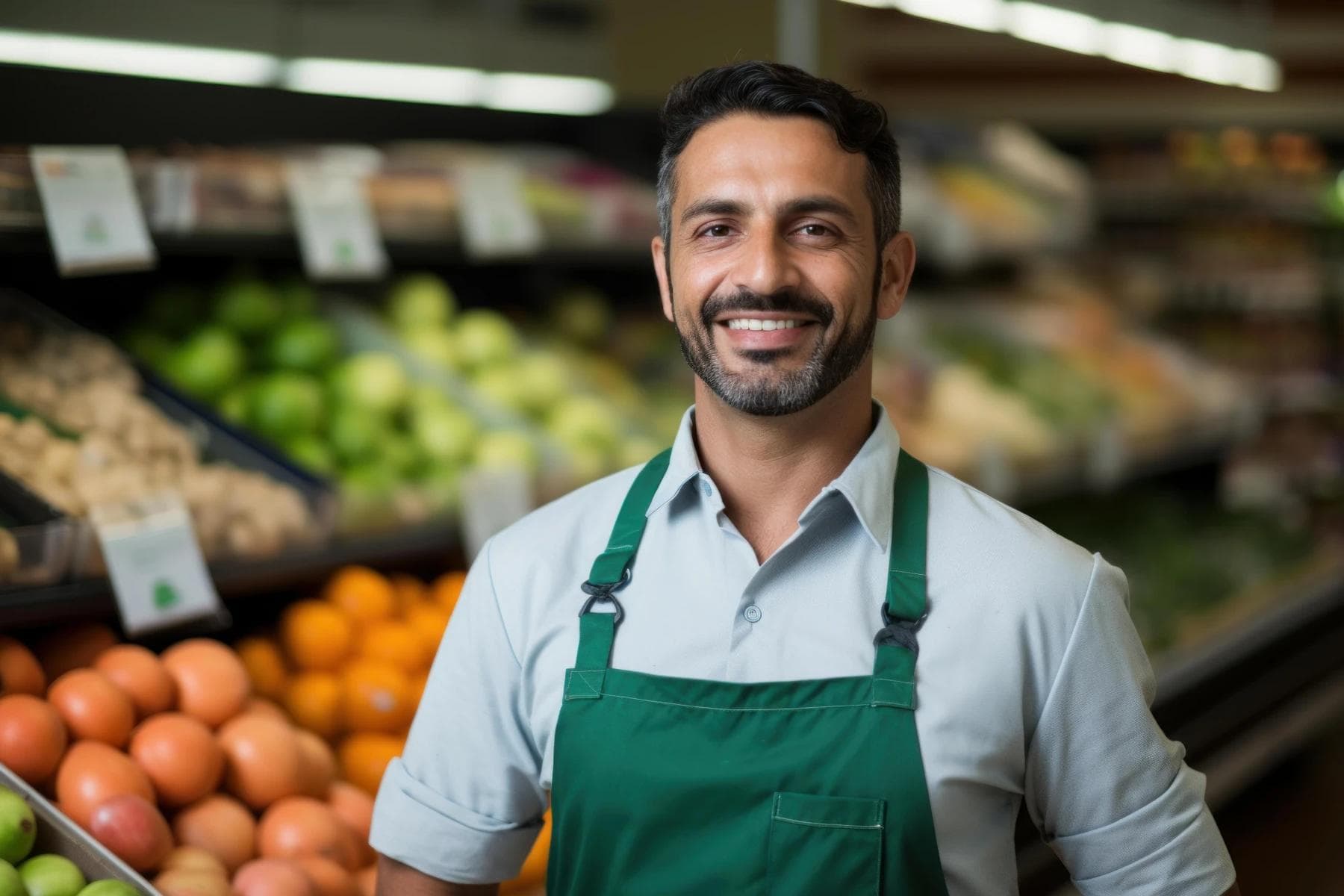 A man wearing a green apron stands smiling in front of fruit displays at a grocery store produce section.