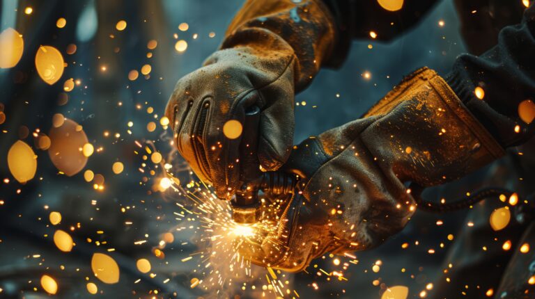 close up hand of a welder holding a welding torch, sparks flying as the metal is fused together, showcasing the intense concentration and skill in welding